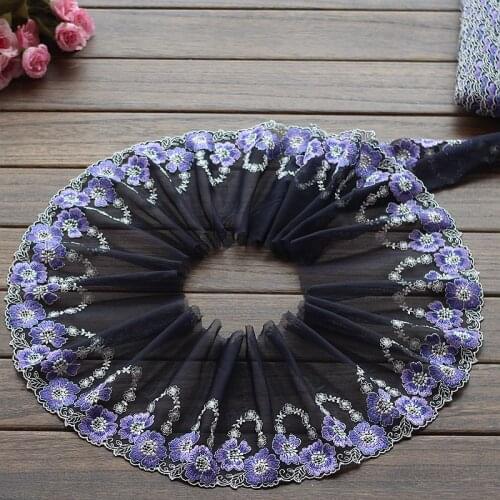 2yards/lot 16cm wide Embroidered Tulle Lace trim mesh lace trim~Black + Purple + Blue~beautiful