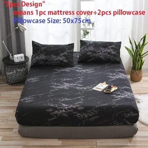 3pcs Set Anti-mite Marble Pattern Mattress Cover King Queen Size Bed Pad Protector Cover 1pc Fitted Sheet+ 2pcs Pillowcase