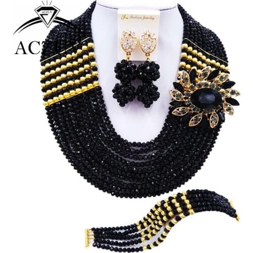 ACZUV 10 Rows Fashion Black African Beads Jewelry Set for Women Nigerian Wedding Jewelry Sets 10LBJZ005