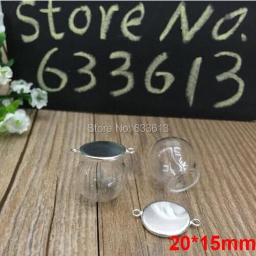 Free ship 50sets/lot silver color 20*15mm glass globe & 16mm base with 2 ring glass globes set glass vial pendant glass cover