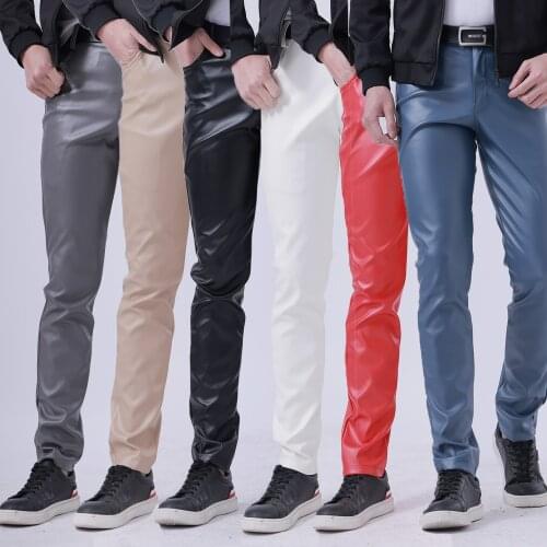 Idopy Men`s Faux Leather Pants Stretchy Slim Fit Office Business Casual Summer Thin PU Leather Trousers For Male