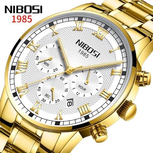 Golden Quartz Mens Watches NIBOSI Fashion Top Brand Luxury Men Watch Full Steel Business Waterproof Male Clock Relogio Masculino