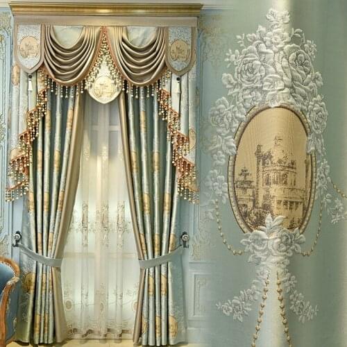 European American jacquard curtain for living room bedroom villa high-end artificial silk French pelmet valance curtains