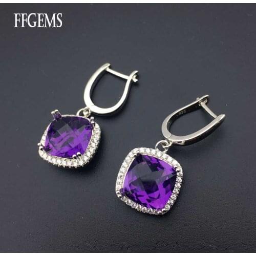 FFGems Natural Amethyst purple square big stone hang Sterling 925 Silver Drop Earring For Women Party Wedding Gift box wholesale