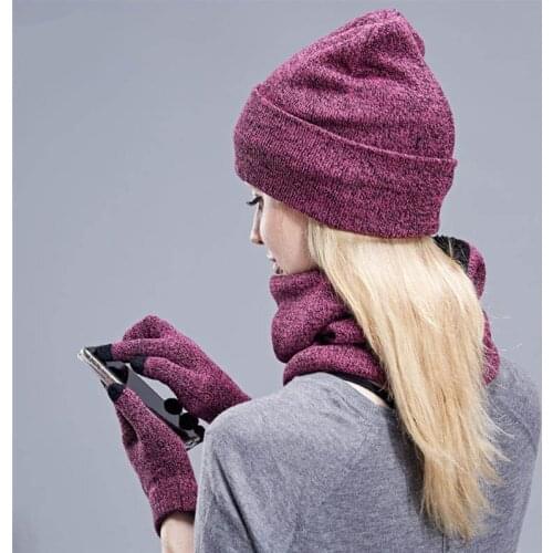 Quality Knitted Scarf Gloves Hat Set Comfortable Three-Piece Warm Set Female Circle Neck Screen Touch Finger Warm Scarves Glove