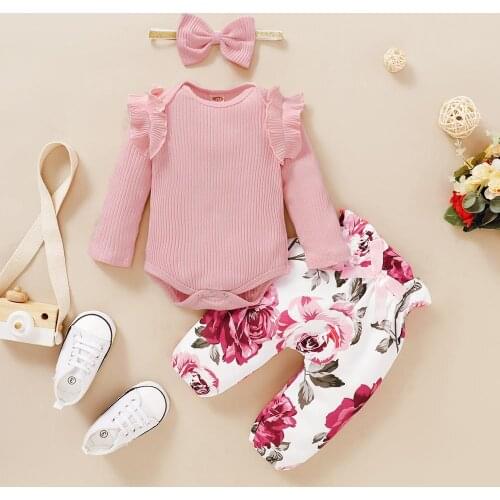 Baby Girl Outfit Set Spring New born Toddler Girls Clothes Ruffle 3Pcs Romper Bodysuit +Floral Bow Pants+Headband Infant