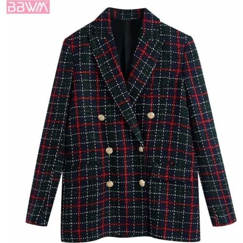 New Retro Long Sleeve Double Breasted Lapels Womens Jacket Coat Mid-length Casual Plaid Chic Female Tops