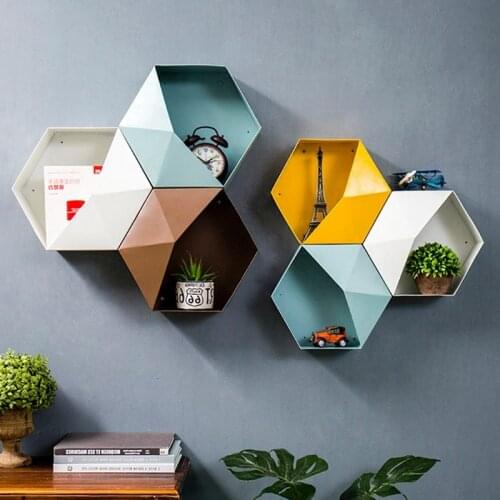 Metal Hexagonal Hanging Shelf Modern Personalized Geometry Colour Living Room Wall Decoration Sundry Storage Holders Iron Crafts