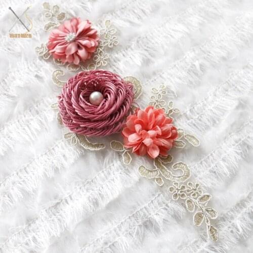 New pink 3D handmade flower DIY Craft children wear stage clothing patches trim embroidery lace flower