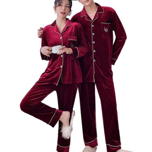 Autumn/winter coulple sleepwear set long sleeved trousers suit V-neck pajamas men women golden velvet couple pajamas sleepwear