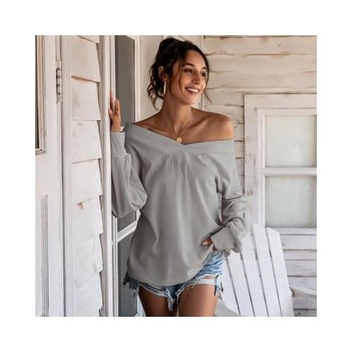 Autumn Winter Womens Solid Loose V-Neck T Shirt Long Sleeve Elegant Casual Clothing Ladies Tops Fashion Pullovers Tees 2021