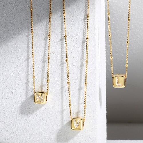 Dice Pendant Necklace for Women Initial A-Z Letter Gold Color Cube CZ Charm Choker Satellite Link Chain Jewelry Gifts LDN205A