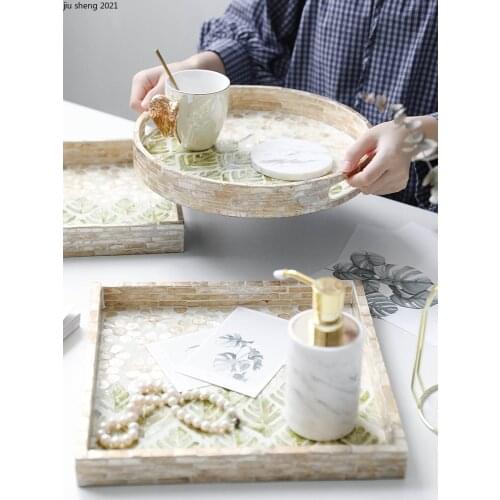 European Color Shell Storage Tray Wooden Rectangular Fruit Food Tea Cup Home Storage Box Jewelry Necklace Display Tray Home Deco
