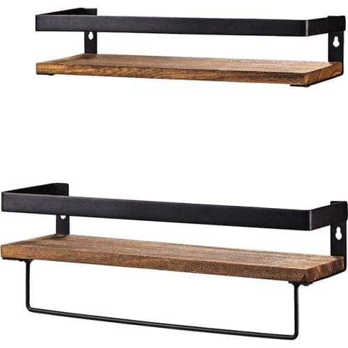 Bathroom Storage Shelf Wall Mounted Set of 2,Rustic Wood Floating Shelves with Removable Towel Bar,Perfect for Kitchen, Bathroom