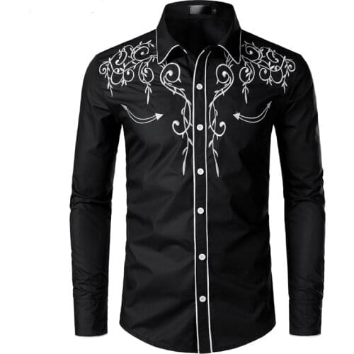 Stylish Western Cowboy Shirt Men Brand Design Embroidery Slim Fit Casual Long Sleeve Shirts Mens Wedding Party Shirt for Male