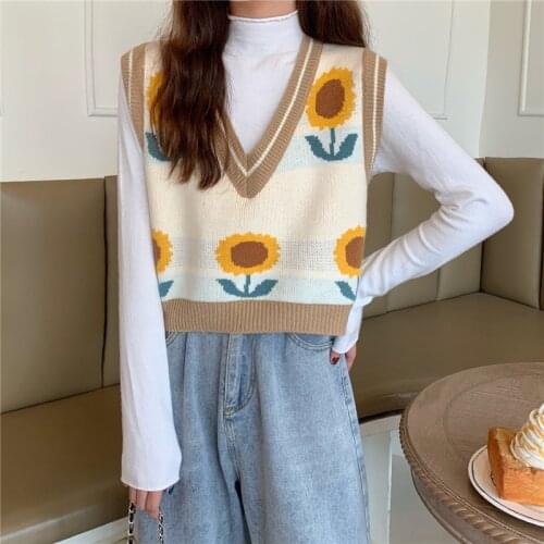 Vintage Winter Sweaters Women Cropped Sweater Vest Sunflower Print Knitted Sweater Loose Fashion V-Neck Sweater Vest Women