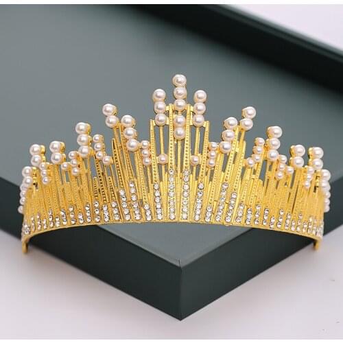 Handmade Gold Crystal Pearl Tiaras And Crowns Queen Princess Hair Accessories For Women Diadem Fashion Hair Ornaments Hot Sale