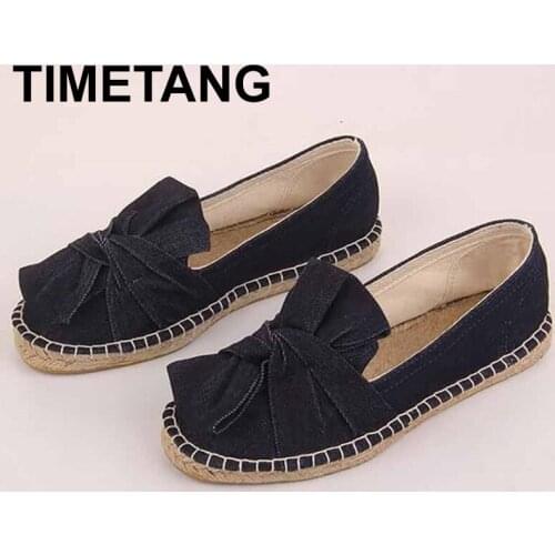 TIMETANGFashion Ethnic Casual Espadrilles Denim Bow Tie Flat New Women Spring Printed Embroider Slip on Fishermen Hemp Rope Shoe