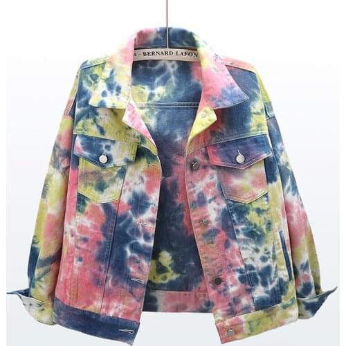 New Fashion Ink Painting Dye Color Denim Jacket Women 2021 Spring Korean Short Loose Long Sleeve Jeans Coat Ladies Clothes G833