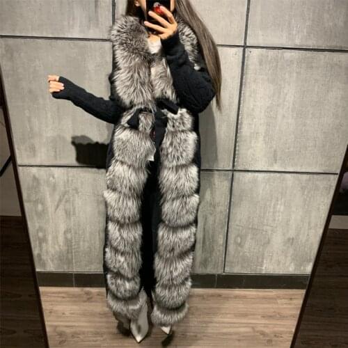 Ladies natural fur cardigan women real fox fur sweater X-long sweater with big fur collar
