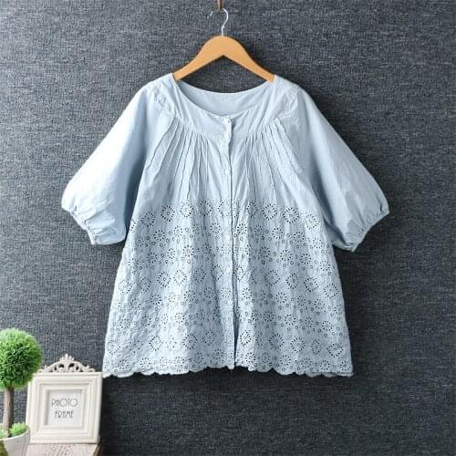 FairyNatural Women Kawaii Hollow Out Cotton Shirt Blouse Short Sleeve Mori Girl Lolita Geometric Embroidery Tops Loose