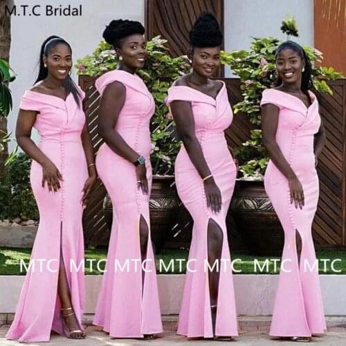 Long Pink Mermaid Bridesmaid Dress 2021 Off The Shoulder Side Slit Black Women Wedding Party Dresses Plus Size Maids Gowns