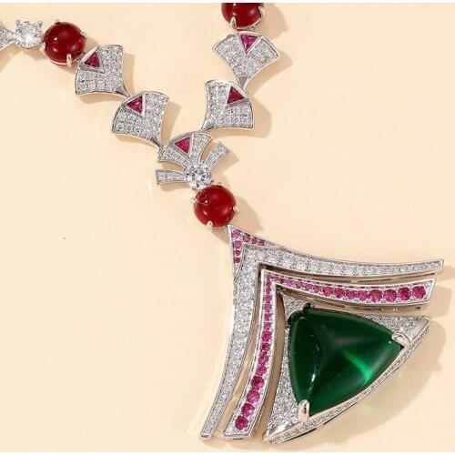 Classic Fashion Womens big emerald green stone red zircon Geometric pendant necklace party Jewellery wholesale