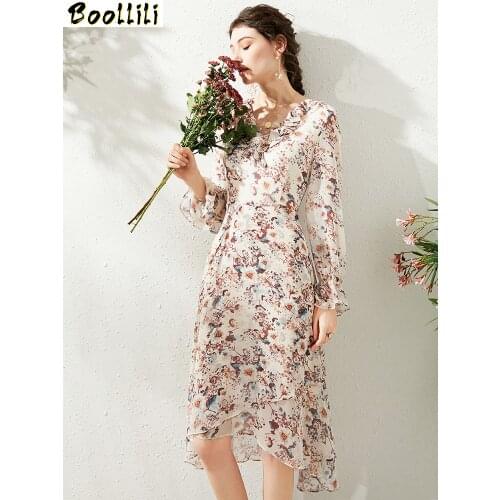 Boollili Vintage Elegant Chiffon Midi Dress Women Spring Autumn Long Sleeve Floral Dress 2020 Ladies Dresses Vestidos