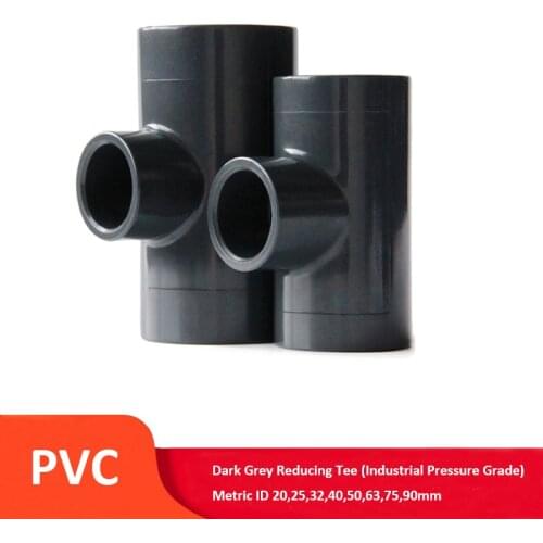 1Pcs DarkGrey PVC Reducing Tee ID 20,25,32,40,50,63,75,90mm Metric Solvent Weld Pipe Fitting Industrial Pressure Grade Connector