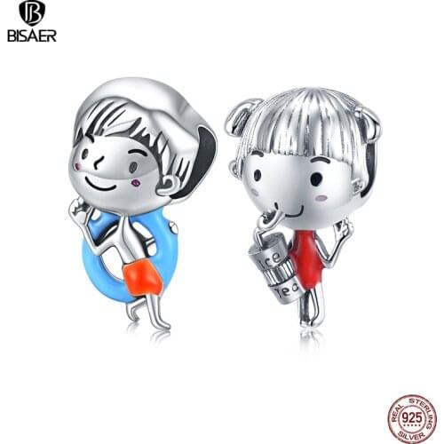 BISAER Seaside Boy & Girl Beads 925 Sterling Silver Enamel Charms Pendant Fit Bracelet Necklace Friendship Jewelry Gift ECC1526