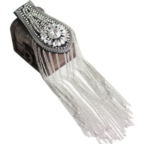 Rhinestones Handmade Fashion Tassel Chain Shoulder Board Badges Applique Metal Epaulette Military Pin on Brooch Medal
