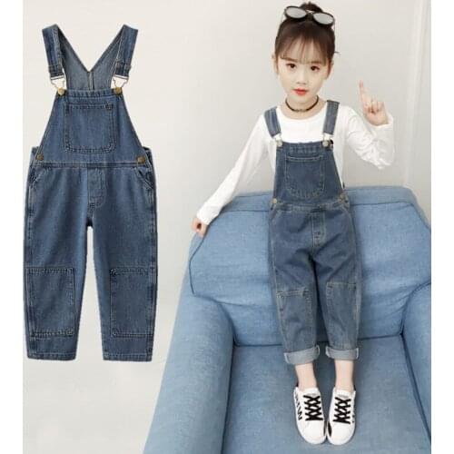 2021 Autumn New 4 6 8 9 10 12 14 Years Children Big Pocket Overalls Teenager Trousers Loose Denim Long Pants For Kids Baby Girls