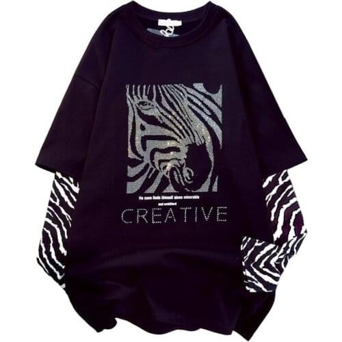 Spring Summer New Heavy Industry Hot Drill Zebra Pattern Splicing Leopard Long Sleeve Fake Two Loose T Shirts Women Clothes