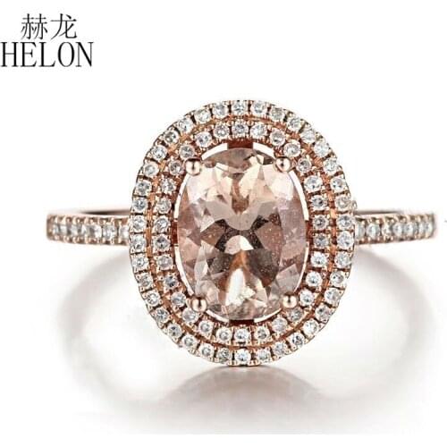 HELON Solid 10k Rose Gold Oval 6x8mm Natural Morganite Diamond Engagement Wedding Ring For Women Birthday Anniversarry Best Gift