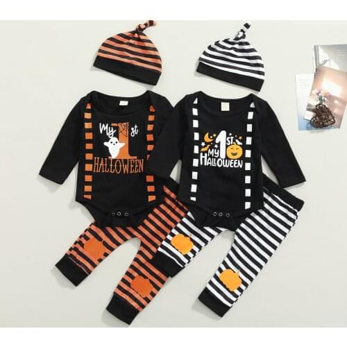 OPPERIAYA Three Piece Toddler Baby Boys Autumn Cotton Clothes My 1st Halloween Long Sleeve Bodysuit and Striped Pants with Hat