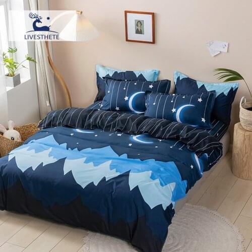 Liv-Esthete Good Night Dark Blue Bedding Set Fitted Sheet Pillowcase 4PCS Double Single Adult Child Corners Elastic Band Sheet