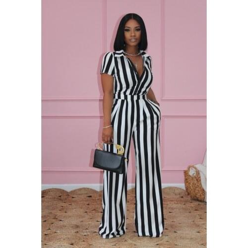 Two Piece Striped Suits Short Sleeve Blouse Shirt & Loose Casual Pants Se