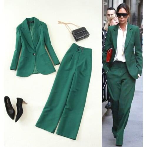Fashion suit spring and autumn new Slim OL temperament one button long-sleeved suit high waist wide leg pants trousers women