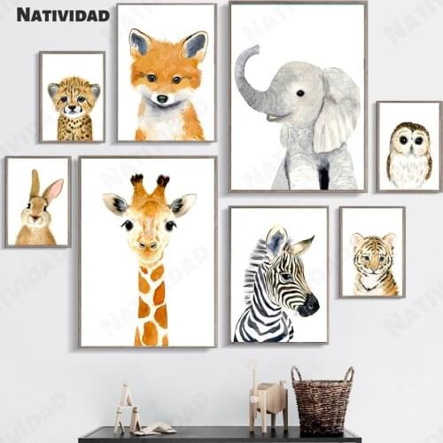 Japanese Style Cartoon Elephant Zebra Fox Rabbit Bear Giraffe Safari Wall Art Print Painting Poster Wall Picture Baby Kids Room