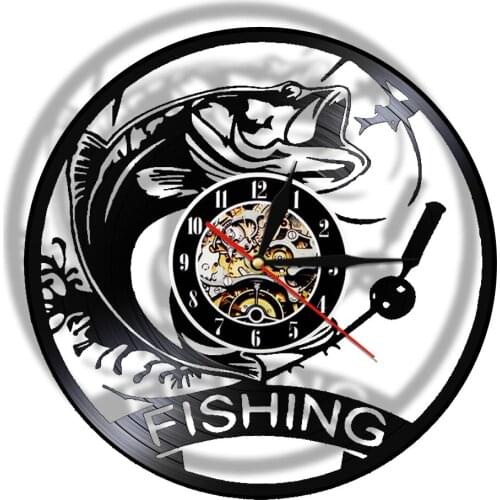 Fishing Wall Clock Made Of Real Vinyl Record Mechanical Fish LED Nightlight Lamp Modern Kitchen Watch Angling Fisherman Gift