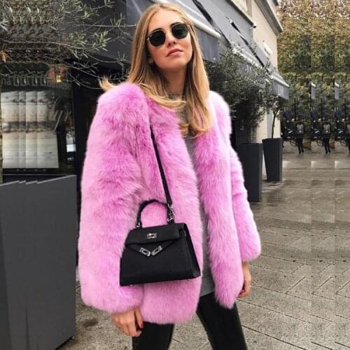 New Style High-end Fashion Women Winter Round Neck Faux Fox Fur Coat