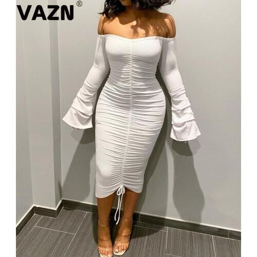 VAZN 2020 Autumn New Arrival Solid Novelty Bandage Top Sweet Strapless Full Sleeve High Waist Women Thin Maxi Dress