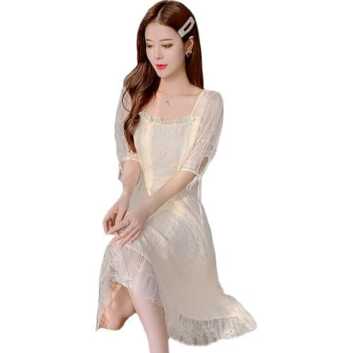 Square Neck Mesh Lace Dress Female Short-Sleeved 2021 Summer New Womens Dress slim Hedging Fashion Retro Dresses Lady Plus Size