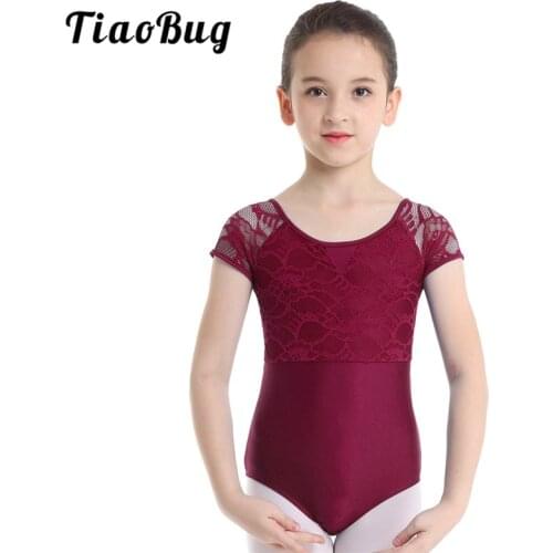 TiaoBug Girls Short Sleeve Floral Lace Cutout Professional Ballet Dance Leotard Child Gymnastics Leotard Kids Ballerina Bodysuit