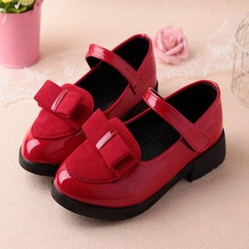 3-18Y New Arrival Childrens Leather Shoes Girls Spring/Autumn Kids Pu Soft Bottom Square Heel Princess Bow Cute Footwear 30