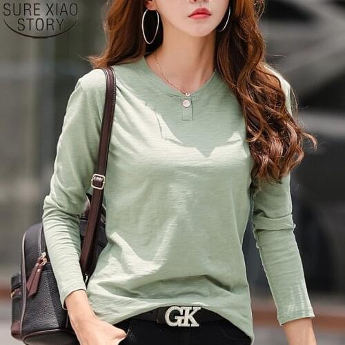 Women Cotton T-shirts Long Sleeve Autumn 2021 Loose V-Neck Korean 5 Colors Solid Bottoming Shirts Women Tshirt Clothing 10802