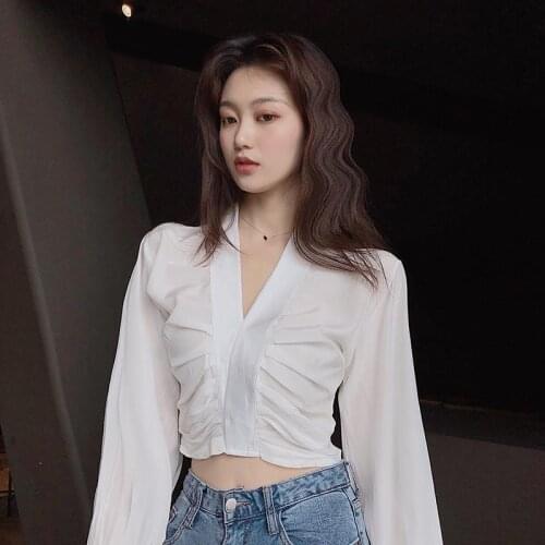 Womens Spring Autumn Style Blouse Shirt Womens Elegant Solid Color V-neck Long Sleeve Korean Temperament Tops DD8463