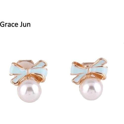 Korea Style Simulated Pearl Enamel Bowknot Shape Clip on Earrings for Women Party Wedding Cute Charm Pierced Earrings Bijoux