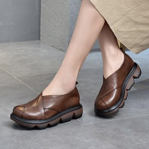 Genuine Leather Womens Shoes Platform Platform Shoes 2021 Spring New First Layer Cowhide Single Shoes Female Big Round Shoes