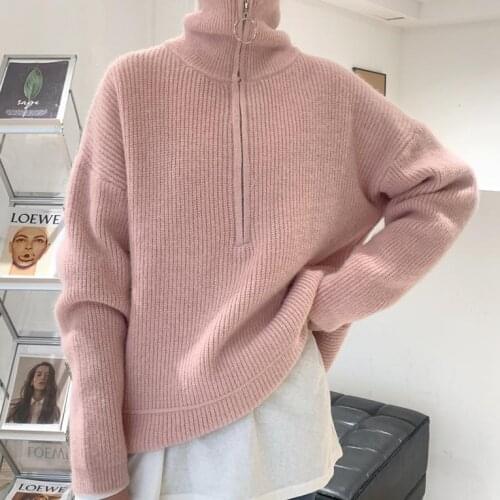 2021 Autumn Winter Women New Solid Turtleneck Sweater Tops Female Zipper Loose Knitted Tops Ladies Warm Pullover Jumpers R587